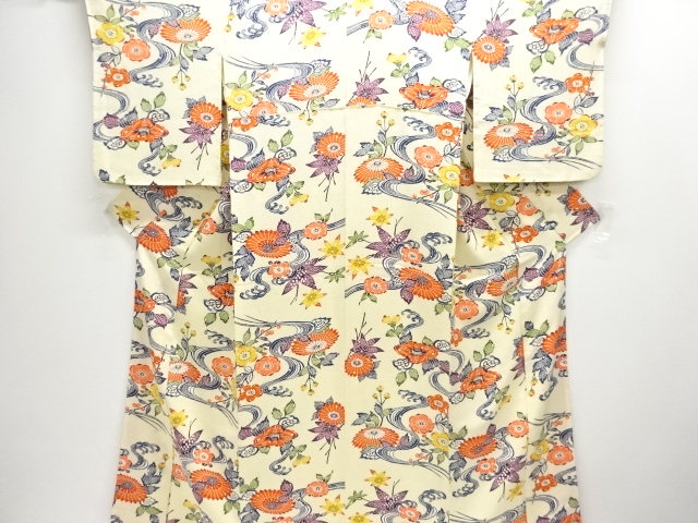 JAPANESE KIMONO / ANTIQUE KIMONO / KATAZOME / FUSHI TSUMUGI / FLOWER